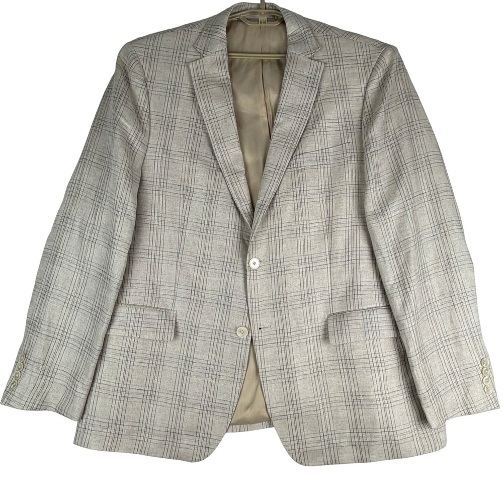 Lauren Ralph Lauren Sport Coat Mens 44R Beige Plaid 100% Linen Blazer